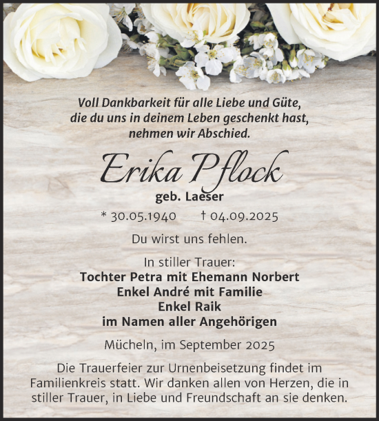 Traueranzeige von Erika Pflock von Trauerkombi Merseburg