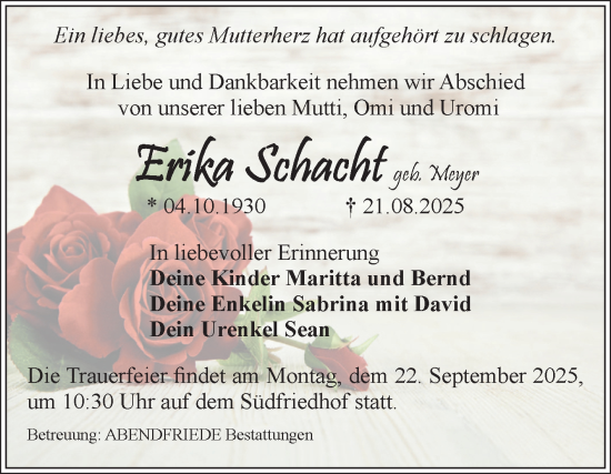 Traueranzeige von Erika Schacht von Volksstimme Magdeburg