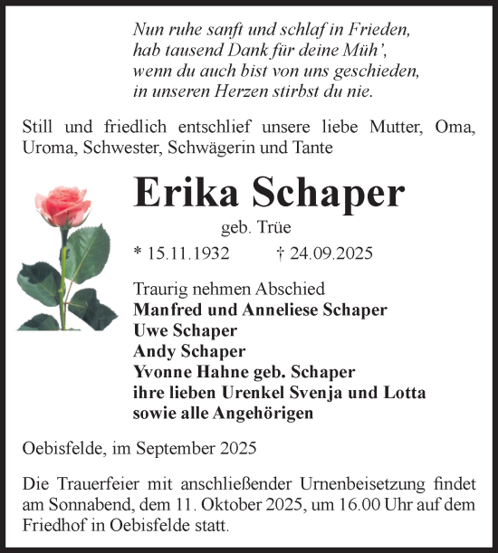Traueranzeige von Erika Schaper von Volksstimme Altmark West