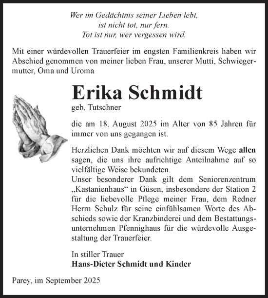 Traueranzeige von Erika Schmidt von Volksstimme Burg/Genthin