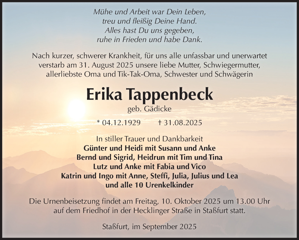  Traueranzeige für Erika Tappenbeck vom 27.09.2025 aus 