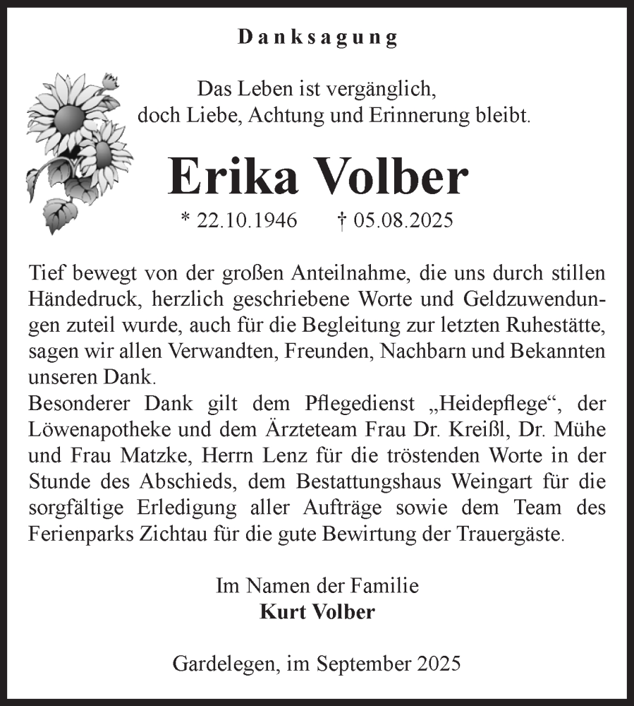  Traueranzeige für Erika Volber vom 06.09.2025 aus Volksstimme Altmark West