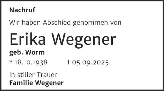Traueranzeige von Erika Wegener von Trauerkombi Wittenberg