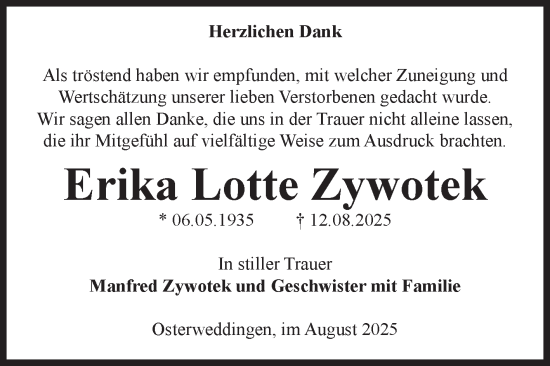 Traueranzeige von Erika Lotte Zywotek von Volksstimme Oschersleben/Wanzleben