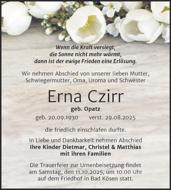 Traueranzeige von Erna Czirr von Naumburger Tageblatt
