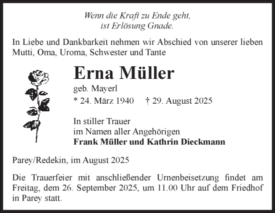 Traueranzeige von Erna Müller von Volksstimme Burg/Genthin