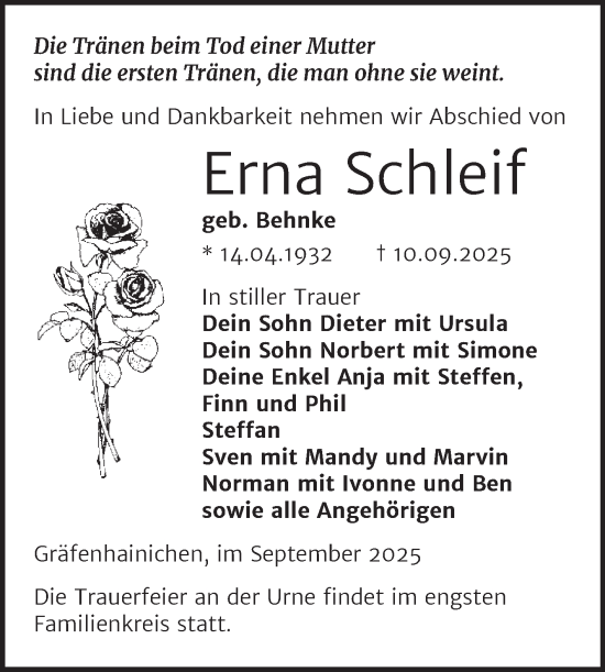 Traueranzeige von Erna Schleif von Trauerkombi Wittenberg