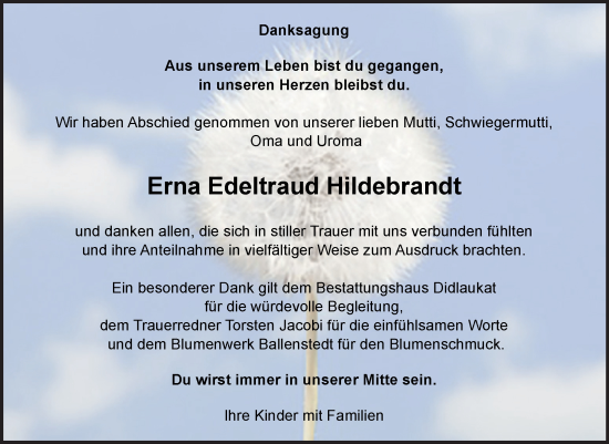 Traueranzeige von Erna Edeltraud Hildebrandt von Trauerkombi Quedlinburg