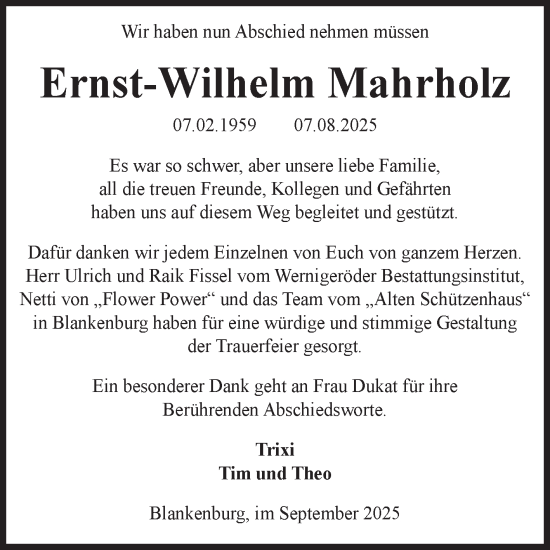 Traueranzeige von Ernst-Wilhelm Mahrholz von Volksstimme Halberstadt