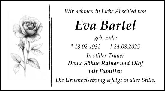 Traueranzeige von Eva Bartel von Trauerkombi Bitterfeld