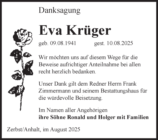 Traueranzeige von Eva Krüger von Volksstimme Zerbst