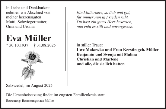 Traueranzeige von Eva Müller von Volksstimme Altmark West