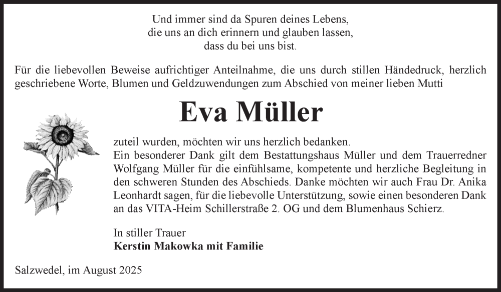  Traueranzeige für Eva Müller vom 30.09.2025 aus Volksstimme Altmark West