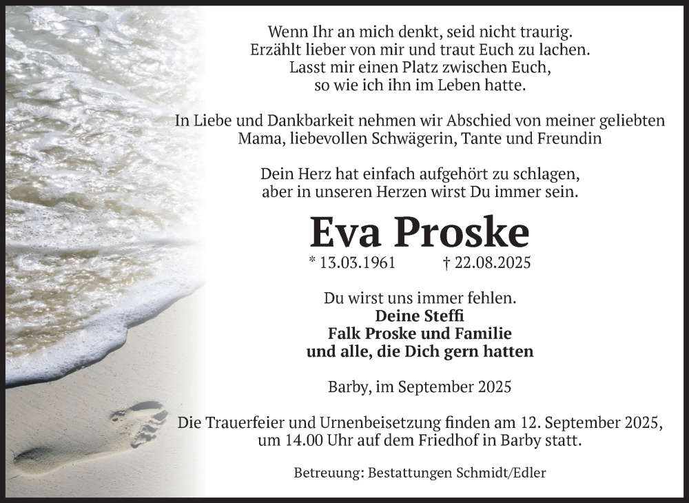  Traueranzeige für Eva Proske vom 06.09.2025 aus Volksstimme Schönebeck