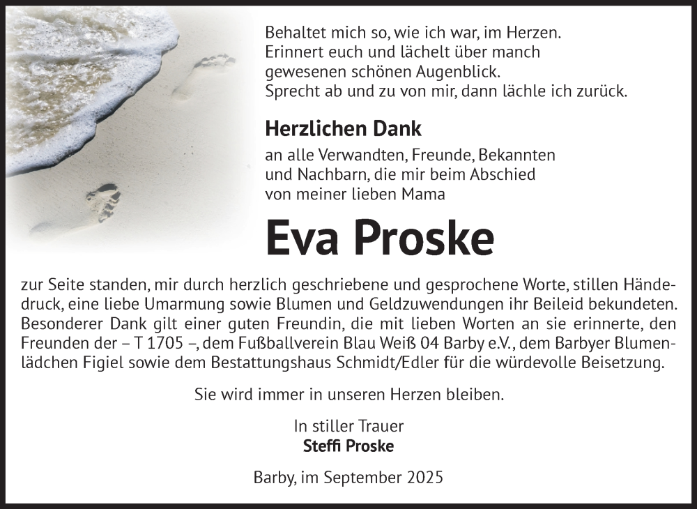  Traueranzeige für Eva Proske vom 20.09.2025 aus Volksstimme Schönebeck