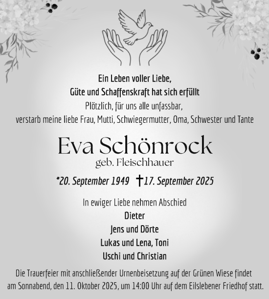 Traueranzeige von Eva Schönrock von Volksstimme Oschersleben/Wanzleben
