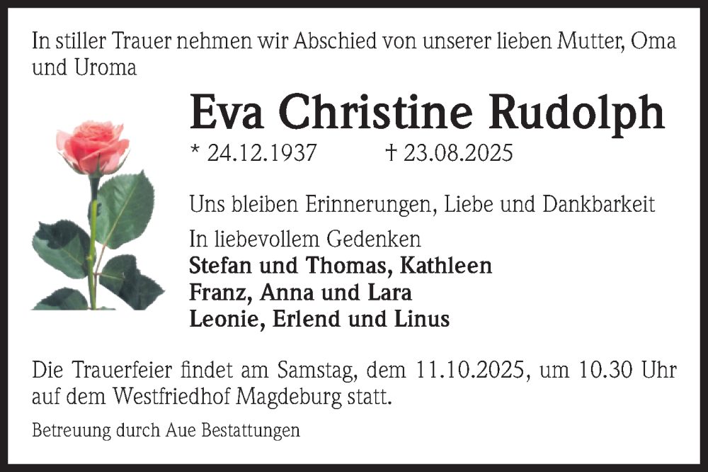  Traueranzeige für Eva Christine Rudolph vom 27.09.2025 aus Volksstimme Magdeburg