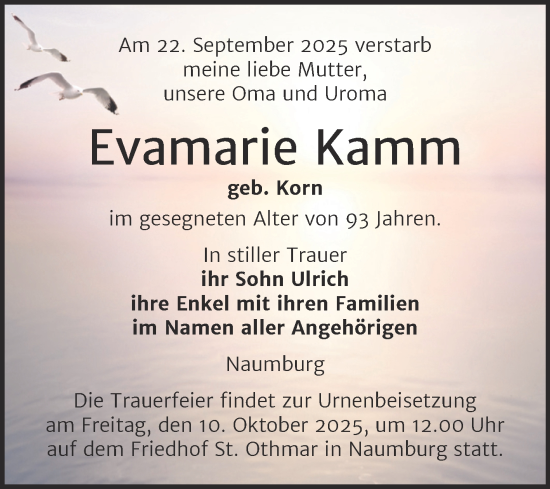 Traueranzeige von Evamarie Kamm von Naumburger Tageblatt