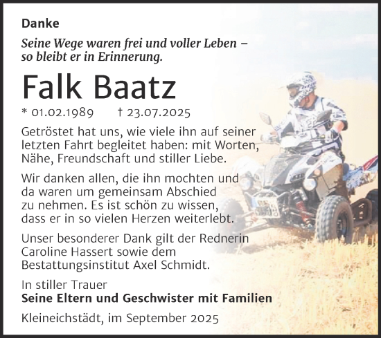 Traueranzeige von Falk Baatz von Trauerkombi Merseburg