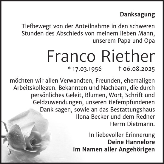 Traueranzeige von Franco Riether von Trauerkombi Sangerhausen