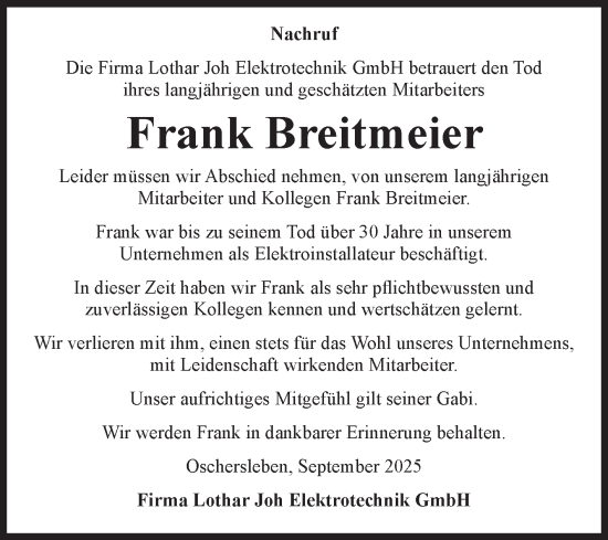 Traueranzeige von Frank Breitmeier von Volksstimme Oschersleben/Wanzleben