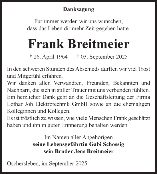 Traueranzeige von Frank Breitmeier von Volksstimme Oschersleben/Wanzleben
