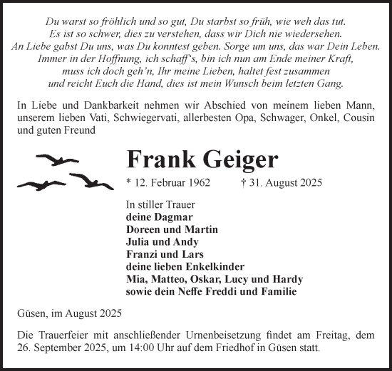 Traueranzeige von Frank Geiger von Volksstimme Burg/Genthin