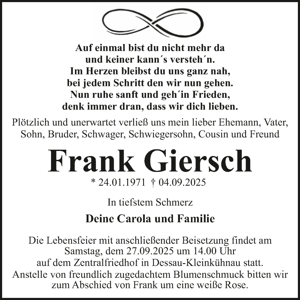  Traueranzeige für Frank Giersch vom 13.09.2025 aus Trauerkombi Dessau