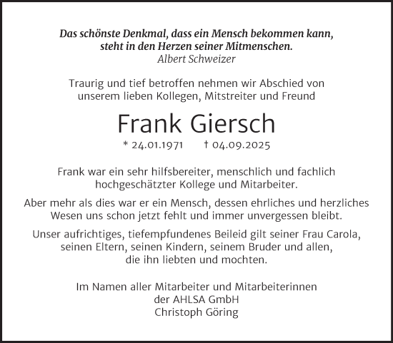 Traueranzeige von Frank Giersch von Mitteldeutsche Zeitung Dessau-Roßlau