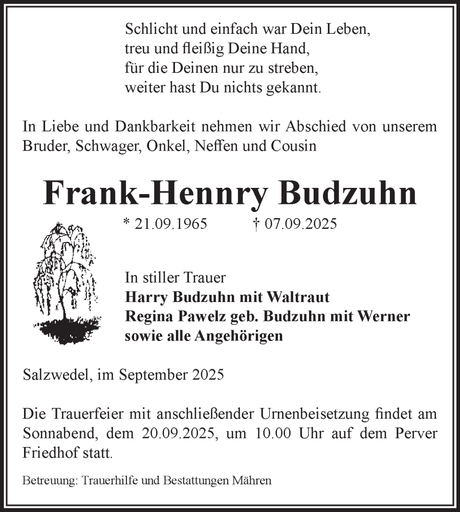  Traueranzeige für Frank-Hennry Budzuhn vom 10.09.2025 aus Volksstimme Altmark West