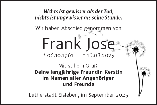 Traueranzeige von Frank Jose von Trauerkombi Mansfelder Land