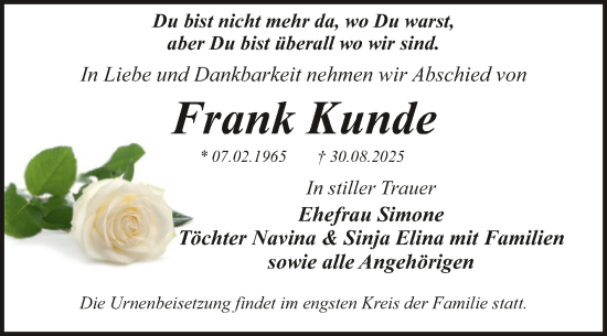 Traueranzeige von Frank Kunde von Trauerkombi Dessau