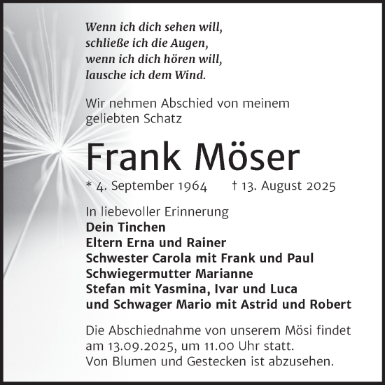 Traueranzeige von Frank Möser von Trauerkombi Bitterfeld