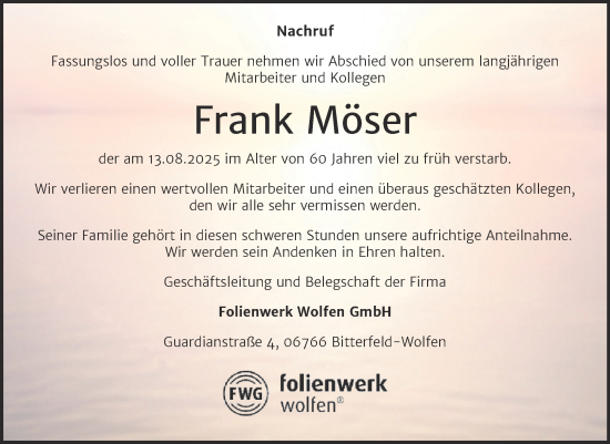 Traueranzeige von Frank Möser von Mitteldeutsche Zeitung Bitterfeld