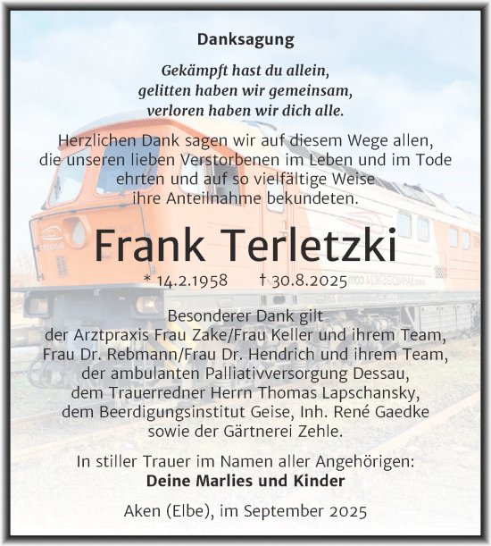 Traueranzeige von Frank Terletzki von Trauerkombi Köthen