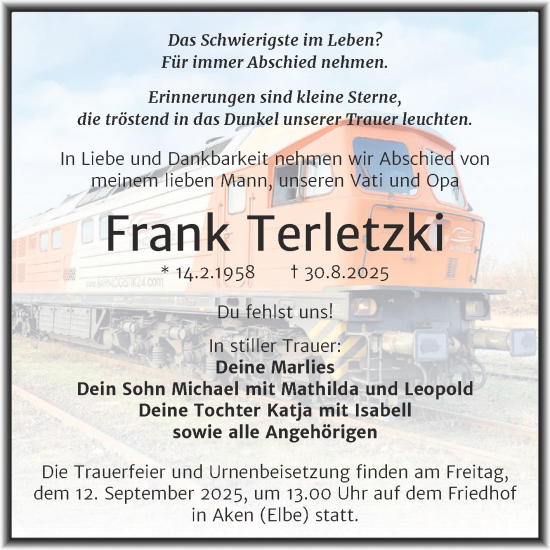 Traueranzeige von Frank Terletzki von Trauerkombi Köthen