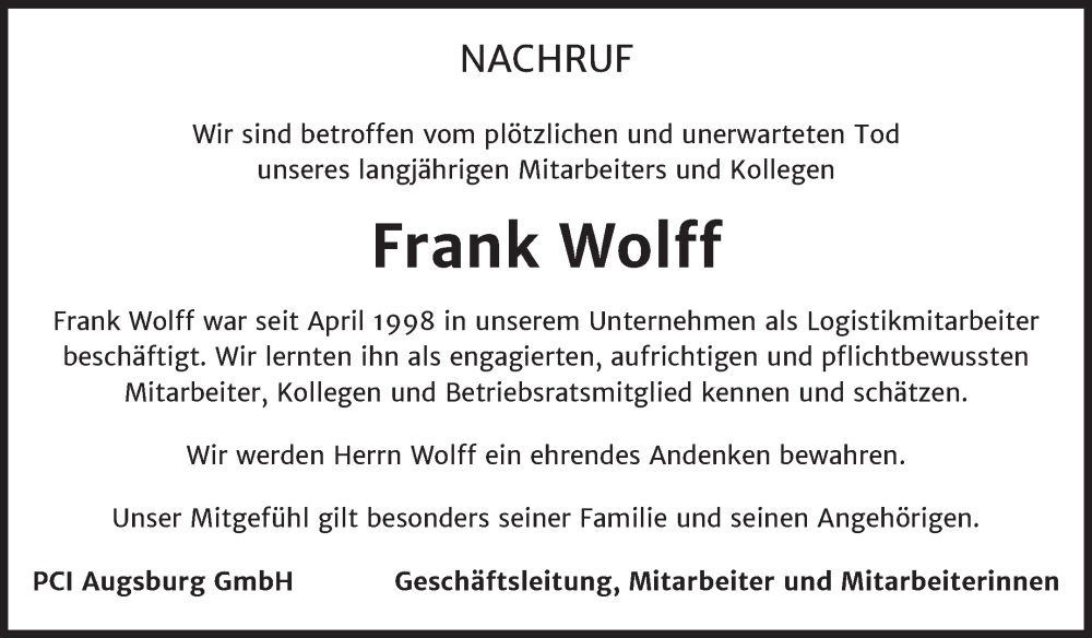  Traueranzeige für Frank Wolff vom 20.09.2025 aus Super Sonntag Wittenberg