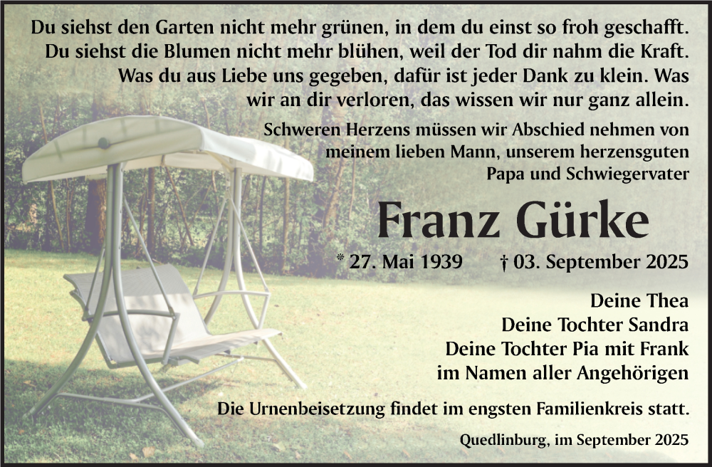  Traueranzeige für Franz Gürke vom 13.09.2025 aus Trauerkombi Quedlinburg