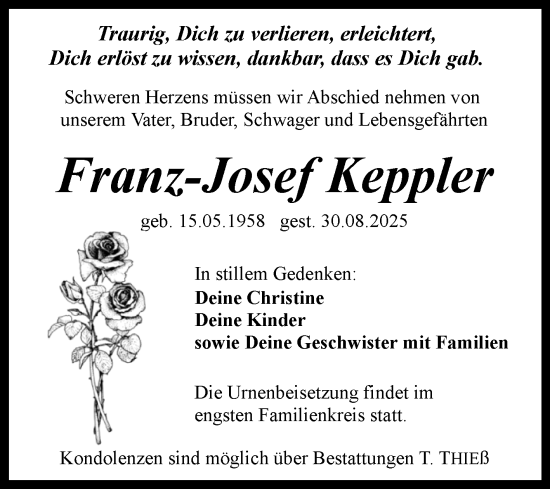 Traueranzeige von Franz-Josef Keppler von Trauerkombi Quedlinburg