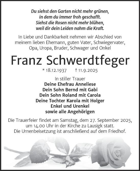 Traueranzeige von Franz Schwerdtfeger von Trauerkombi Köthen