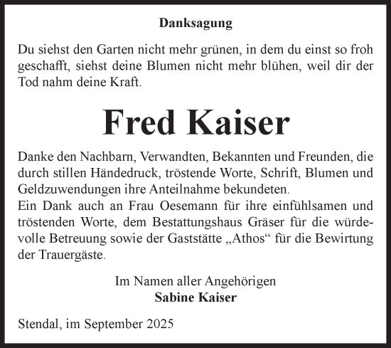 Traueranzeige von Fred Kaiser von Volksstimme Altmark Ost