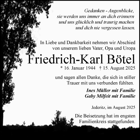 Traueranzeige von Friedrich-Karl Bötel von Volksstimme Altmark Ost