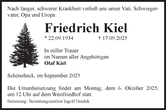 Traueranzeige von Friedrich Kiel von Volksstimme Schönebeck