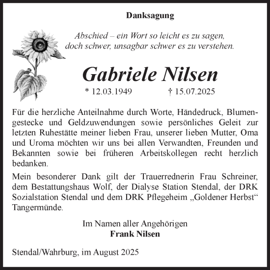 Traueranzeige von Gabriele Nilsen von Volksstimme Altmark Ost