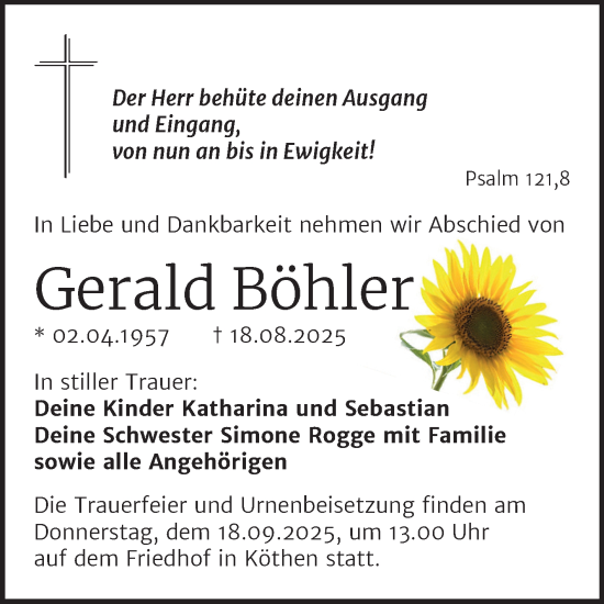 Traueranzeige von Gerald Böhler von Trauerkombi Köthen