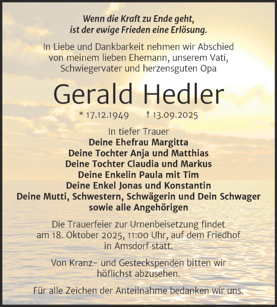 Traueranzeige von Gerald Hedler von Trauerkombi Mansfelder Land