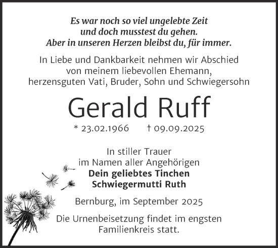 Traueranzeige von Gerald Ruff von Trauerkombi Bernburg