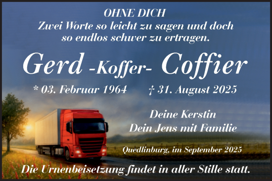 Traueranzeige von Gerd Coffier von Trauerkombi Quedlinburg
