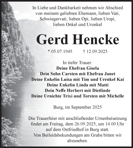 Traueranzeige von Gerd Hencke von Volksstimme Burg/Genthin