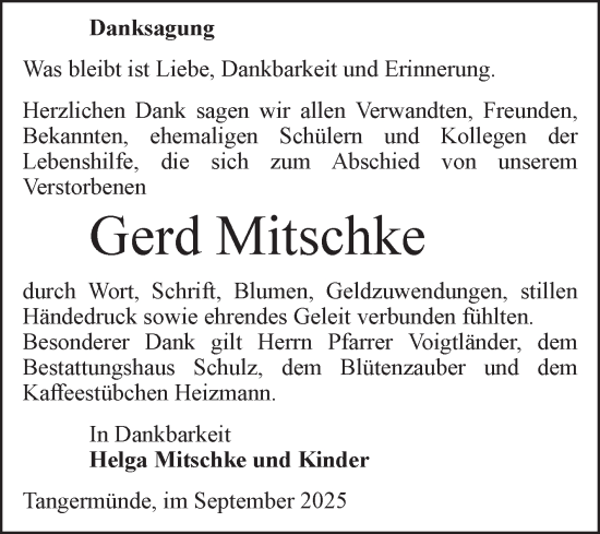 Traueranzeige von Gerd Mitschke von Volksstimme Altmark Ost